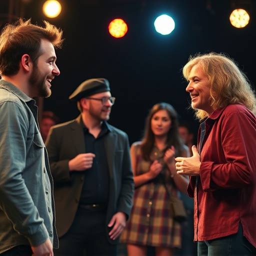 Acteurs en pleine improvisation théâtrale, riant et interagissant sur scène.