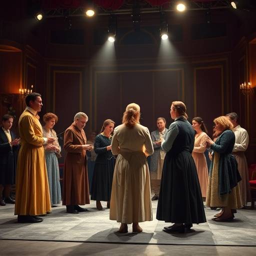 Acteurs répétant une scène d'une pièce de théâtre classique, portant des costumes d'époque.