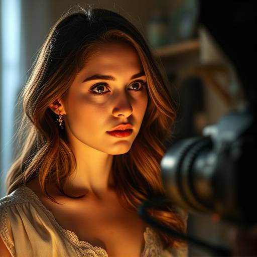 Actrice captivante interprétant une scène émouvante devant une caméra de cinéma.