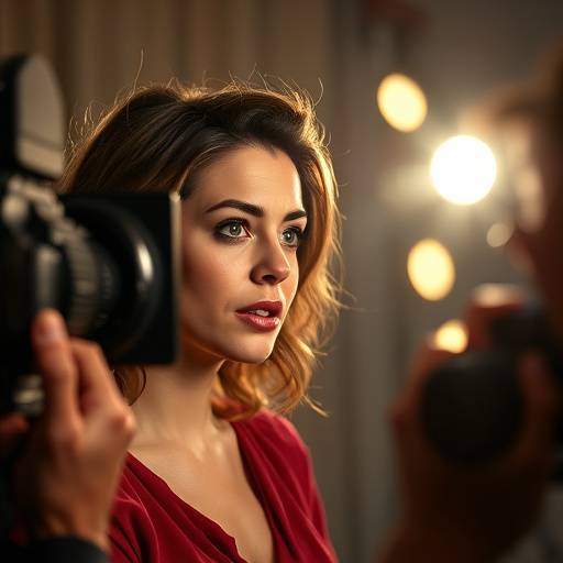 Actrice jouant une scène dramatique devant une caméra, expression intense.