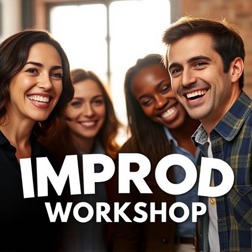 Affiche de l'atelier d'improvisation avec des acteurs souriants et une typographie dynamique.