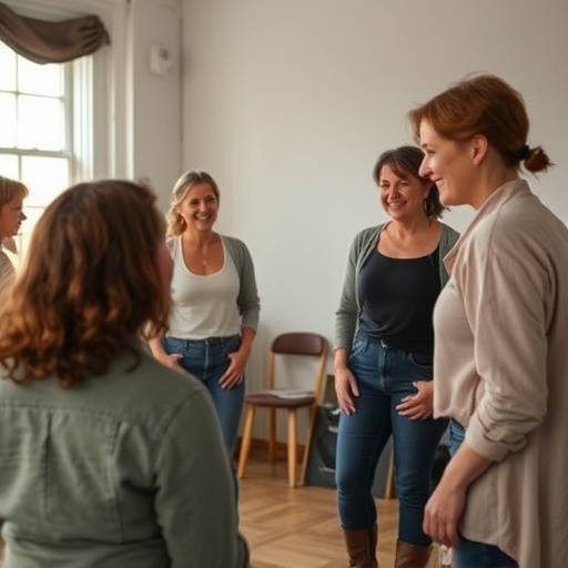 Amélie Rousseau, répétant une scène de théâtre avec d'autres acteurs, riant et interagissant.