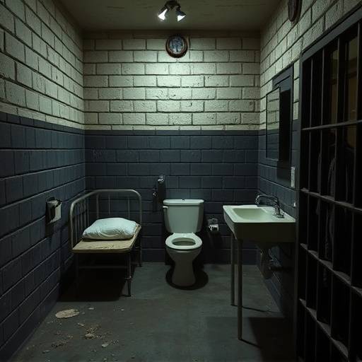 Fotografía de una celda de prisión típica del siglo XX, mostrando una cama, un inodoro y un lavabo básicos.