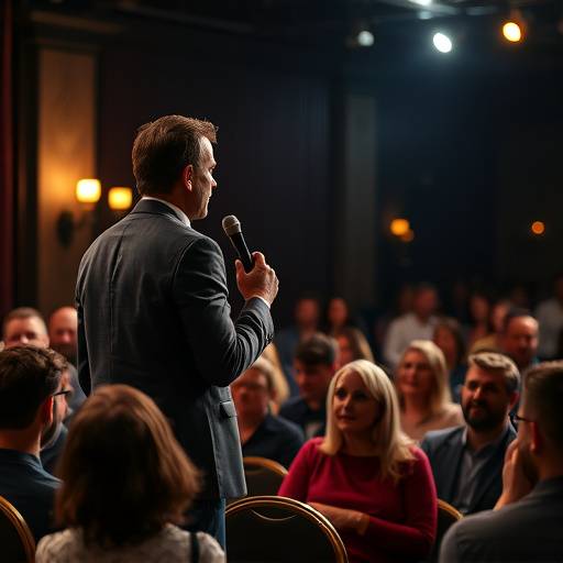Image d'une conférence sur l'art dramatique avec un orateur charismatique s'adressant à un public attentif.