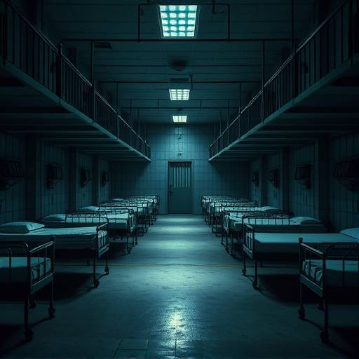 Imagen de un dormitorio de prisión, con varias camas y literas en un espacio abierto.