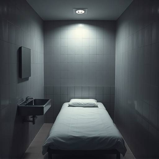 Imagen de una celda de aislamiento solitario, con una cama sencilla y un lavabo de acero inoxidable.