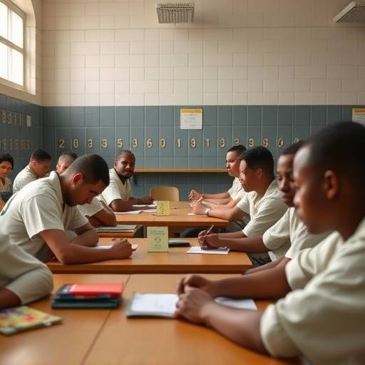 Internos participando en un programa de educación en la prisión, aprendiendo nuevas habilidades.
