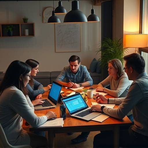Personnes collaborant sur un scénario, échangeant des idées et écrivant autour d'une table avec des ordinateurs portables et des notes.
