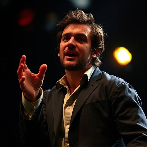 Photo d'Antoine Lambert, sur scène lors d'une représentation théâtrale, expression intense.