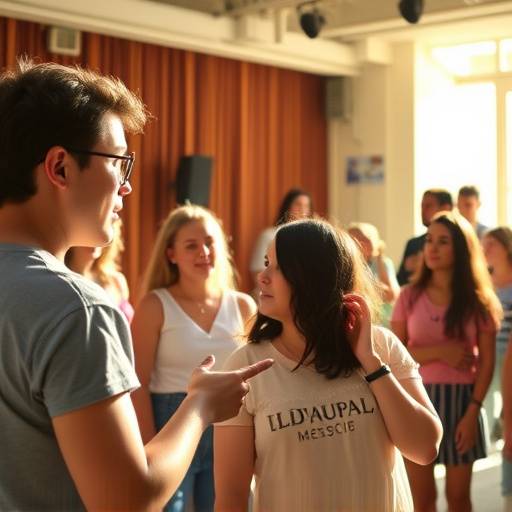 Photo d'un stage intensif de théâtre avec des participants effectuant des exercices de groupe.