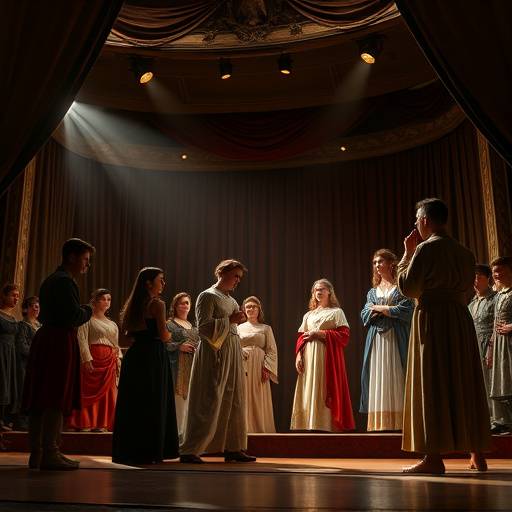 Photo d'une scène de théâtre avec des acteurs en costumes interprétant une pièce classique.