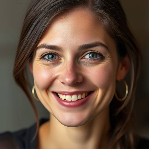 Portrait de Sophie Leclerc, instructrice de diction et d'élocution, expression douce et chaleureuse.